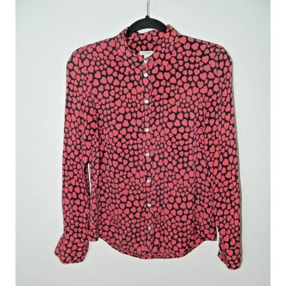 J. Crew Blouse Size 0 Silk Black Pink Button Front Pink Heart Print - Picture 8 of 9